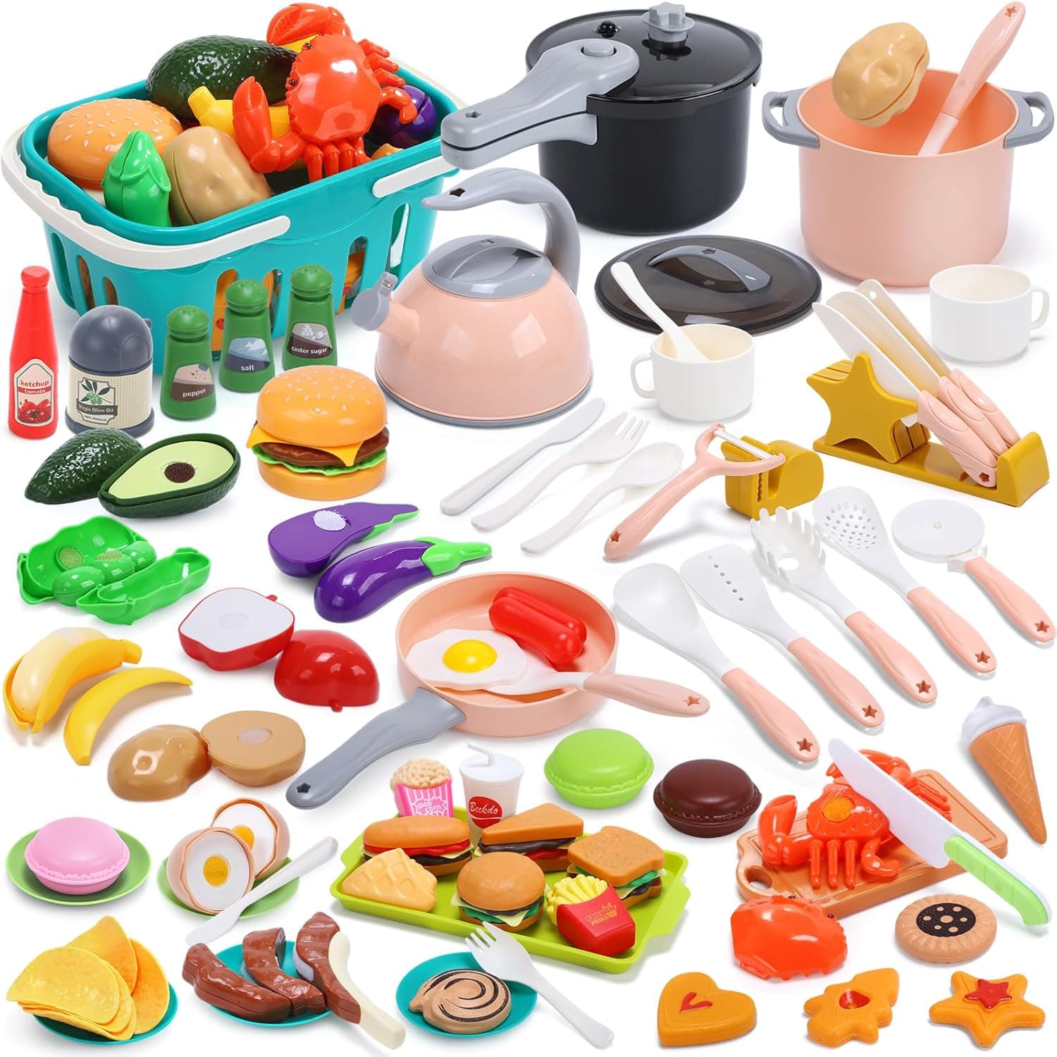 HOLYFUN 74-Pcs Kids Kitchen Toy Accessories with Shopping Basket | Pretend Play Cooking Set, Toy Pots and Pans, Utensils & Cookware, Cuttable Play Food & Fruit Vegetables