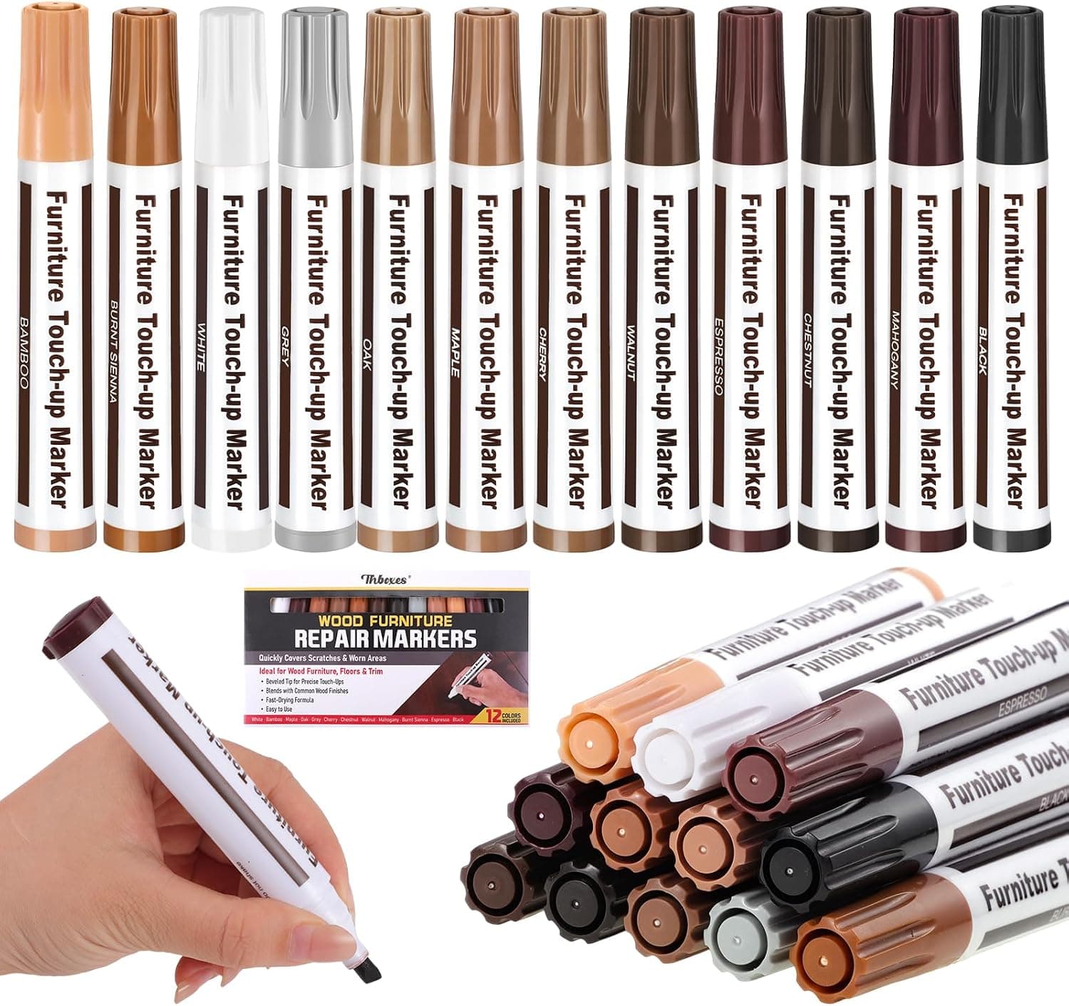 Thboxes Furniture Repair Kit Wood Markers, 12 Count Furniture Markers Touch Up - for Scratched Wood Floors Tables Cabinets and Doors at Home, Covers Chips Nicks Stains Fading and Scuffs