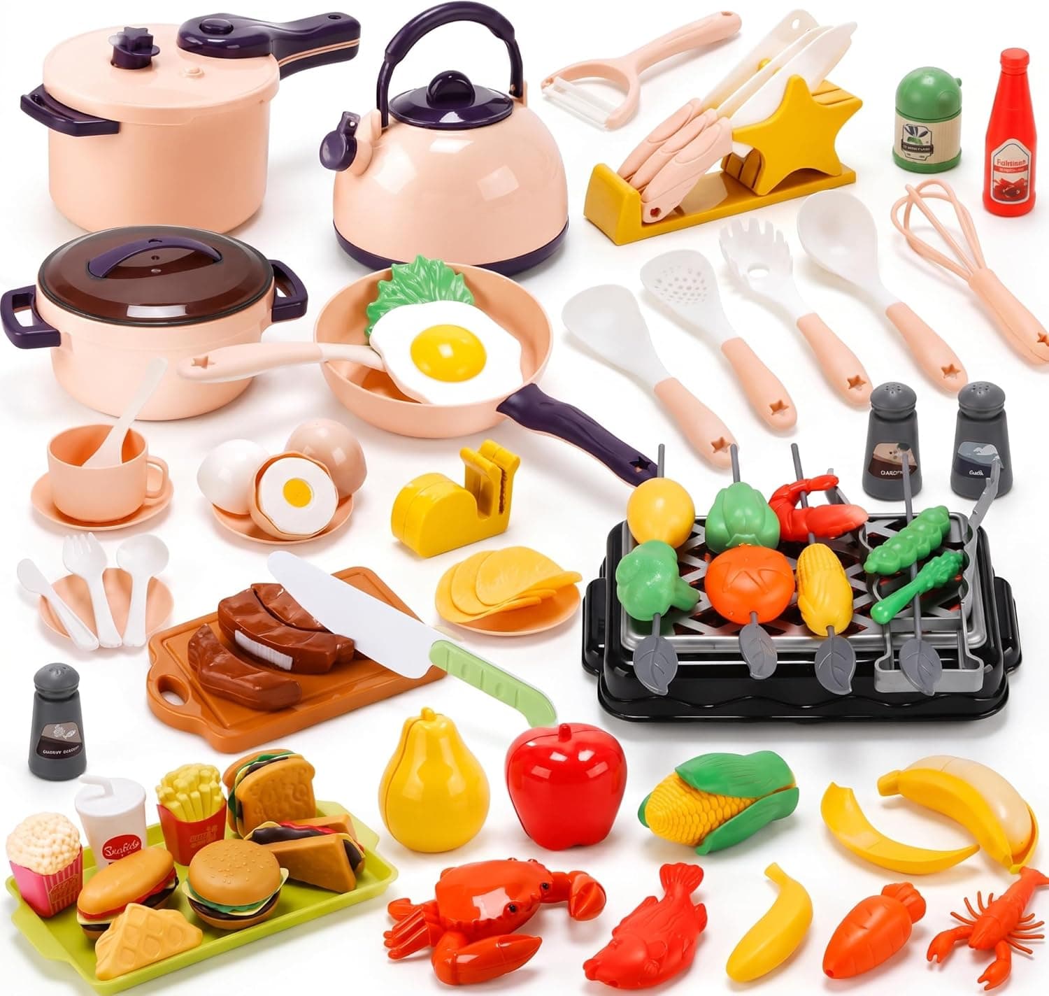 CUTE STONE 73PCS Kids Kitchen Playset with Toy Kitchen Accessories & Grill | Complete with toy pots and pans, cutting pretend food & BBQ grill, kids cooking set for toddler, learning gift for girls boys