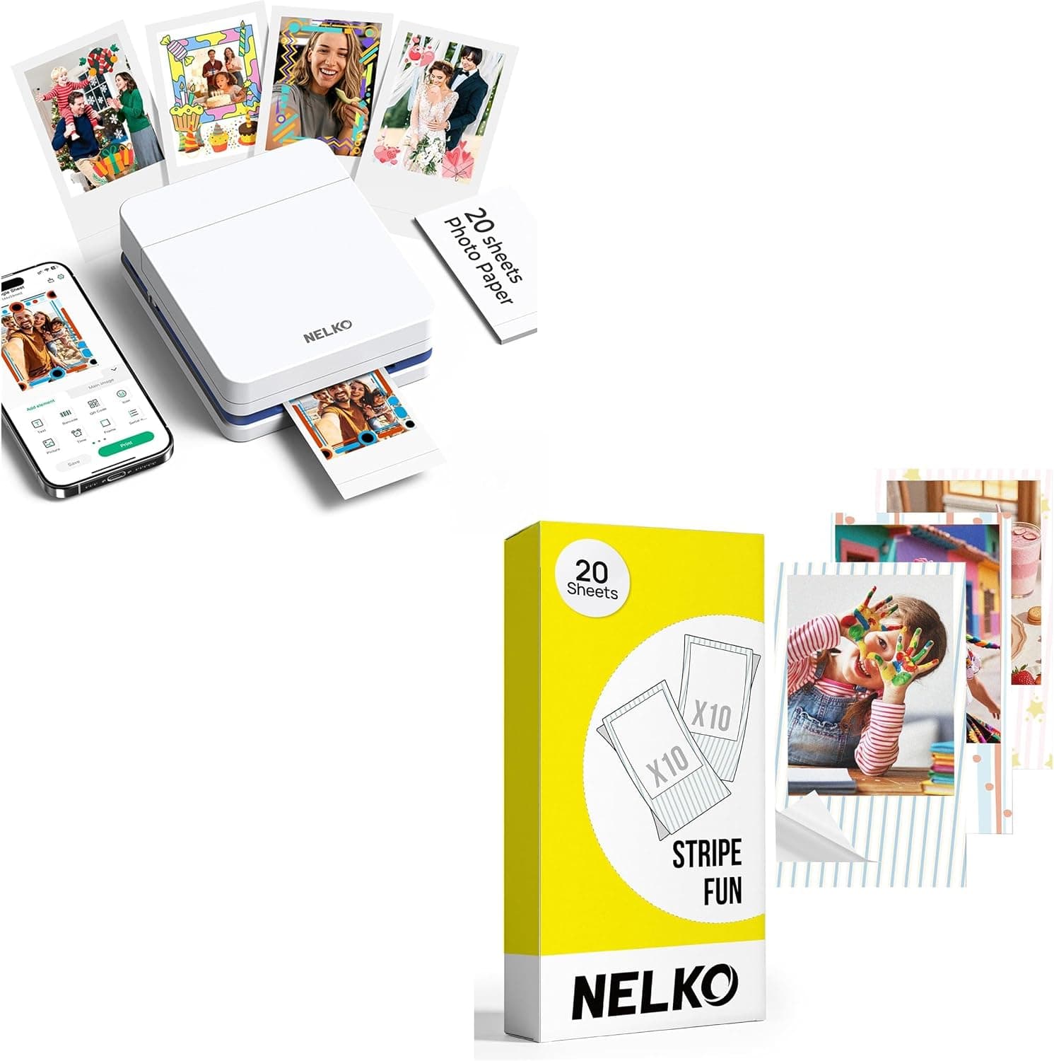 Nelko Photo Printer, PP01 Color Mini Photo Printer, Instant Smartphone Inkjet Sticker Printer for iOS & Android, Sticky-Back Photos, Picture Printer with 20 Sheets Stripe Fun Photo Paper, White