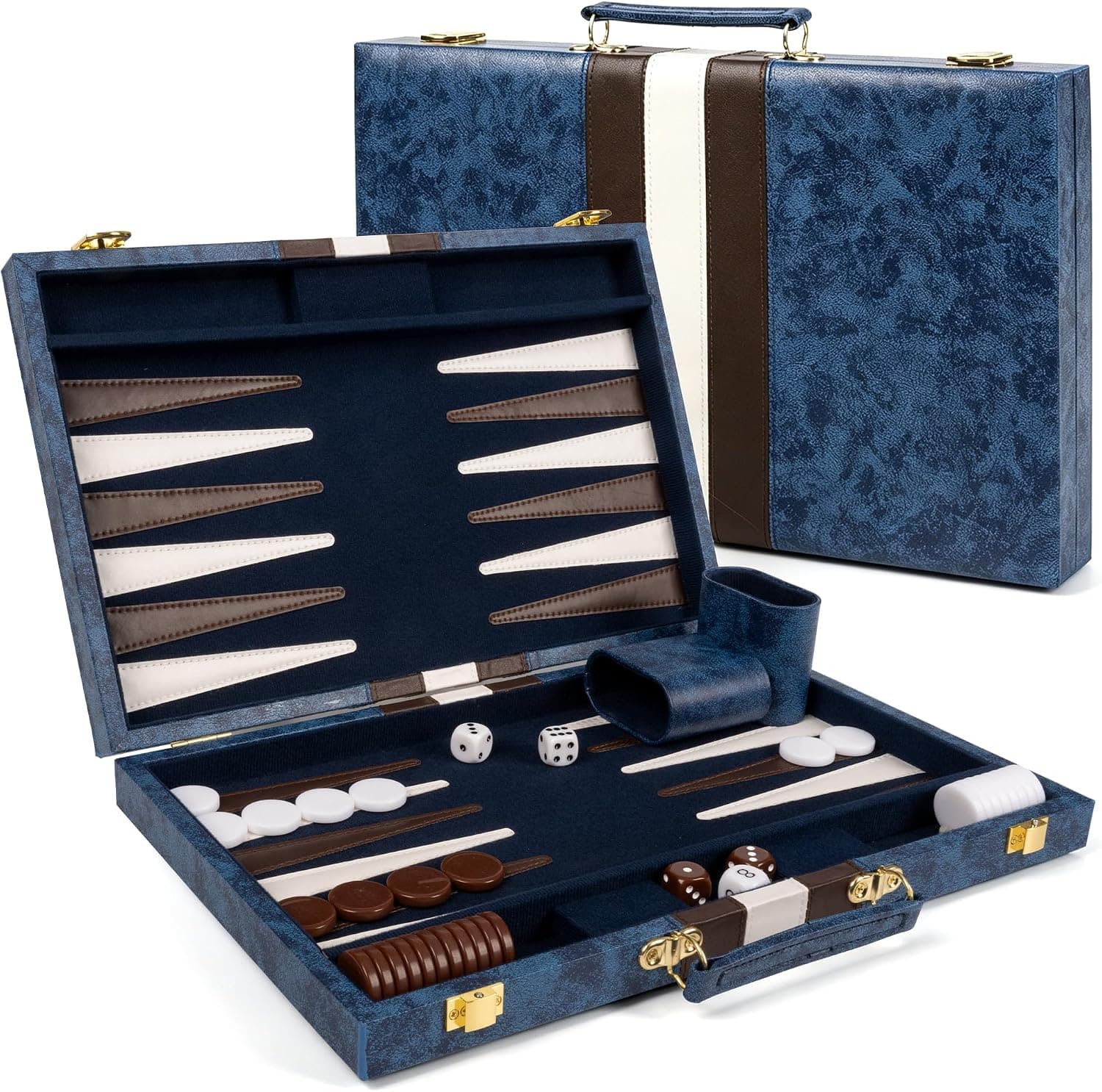 ropoda Backgammon Board Game Set (15 Inches) for Adults and Kids,Classic Board Strategy Game,Portable and Travel Backgammon Set with Premium Leather Case,Best Strategy & Tip Guid (Blue)