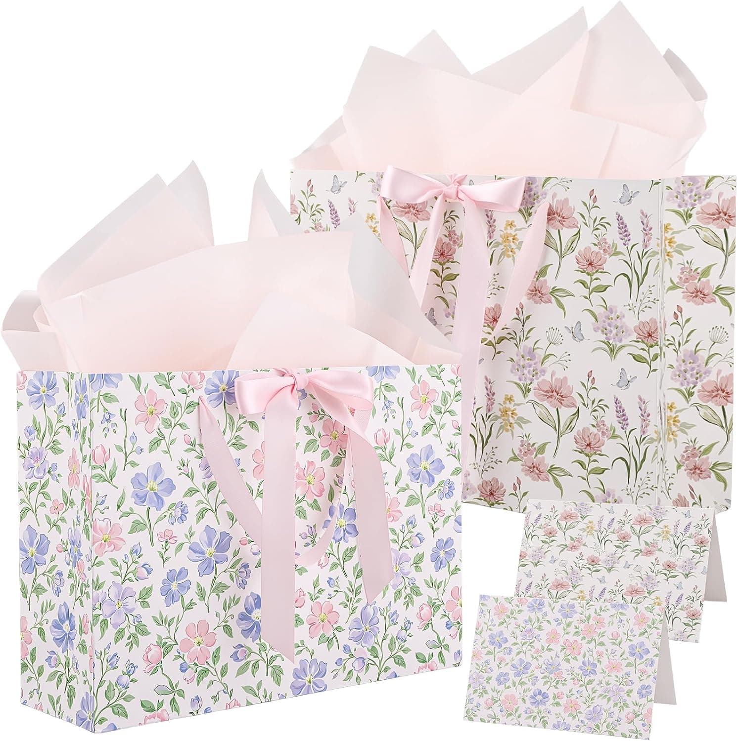 woric 2 Pcs 13.7" Floral Gift Bag with Tissue Paper, Bridal Shower Gift Bags with Ribbon Handle Greeting Cards for Women Girls Birthday Party Baby Shower Weddings Engagement