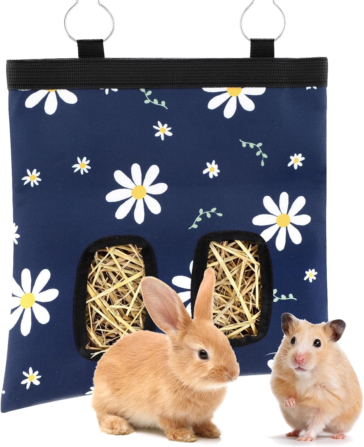 Ondware Rabbits Hay Feeder Bag for Bunny - Hanging Washable Dual-Port Hay Dispenser for Rabbits, Guinea Pigs; 600D Oxford Fabric, Collapsible, Blue Daisy Pattern