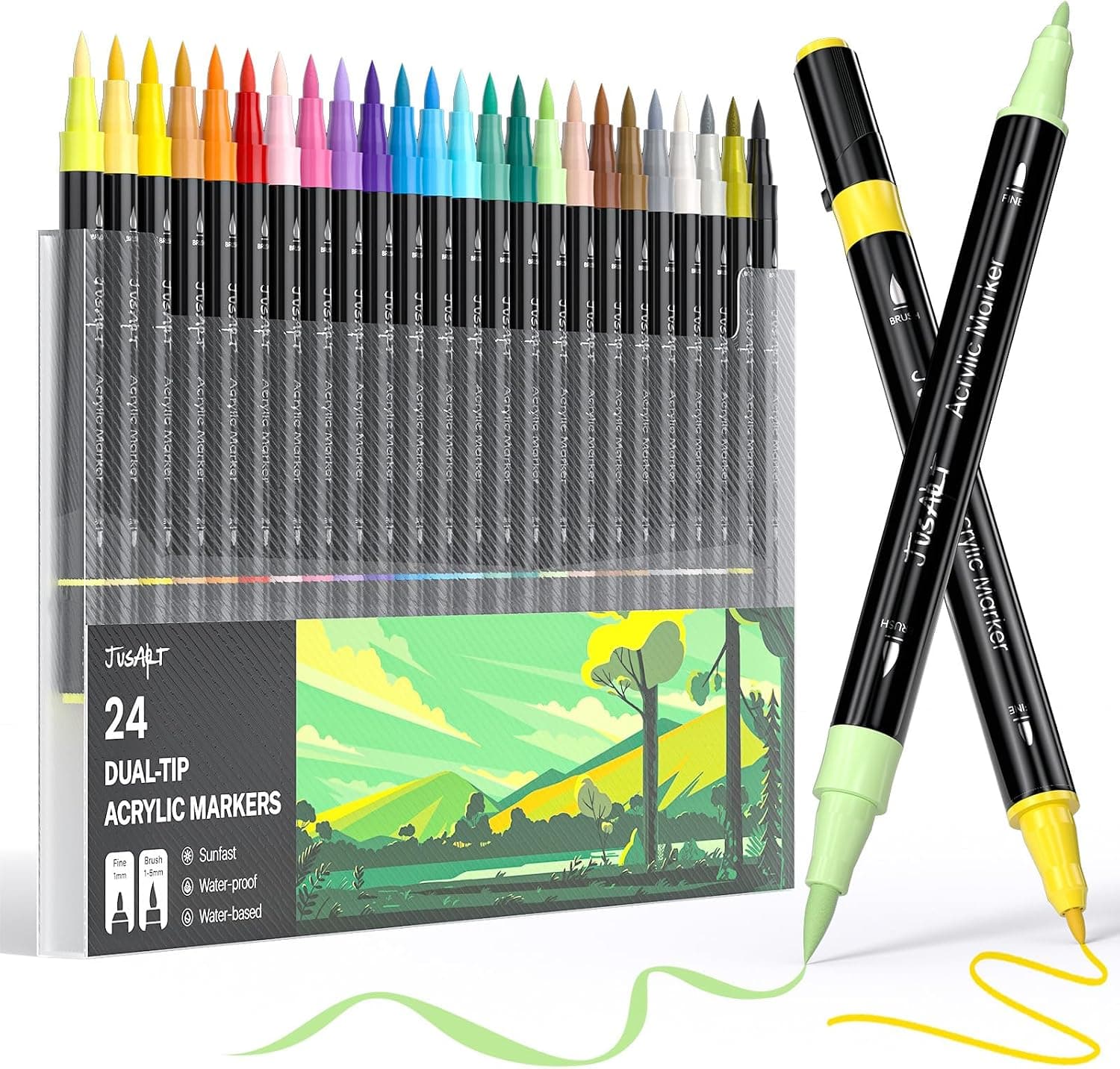 JusArt 24 Colors Dual Tip Acrylic Paint Pens Markers, Brush and Fine Tip, Premium Paint Pens for Wood, Canvas, Egg, Stone, Fabric, Rocks, Metal, Glass, Ceramic, DIY Crafts Making Art Supplies Gifts