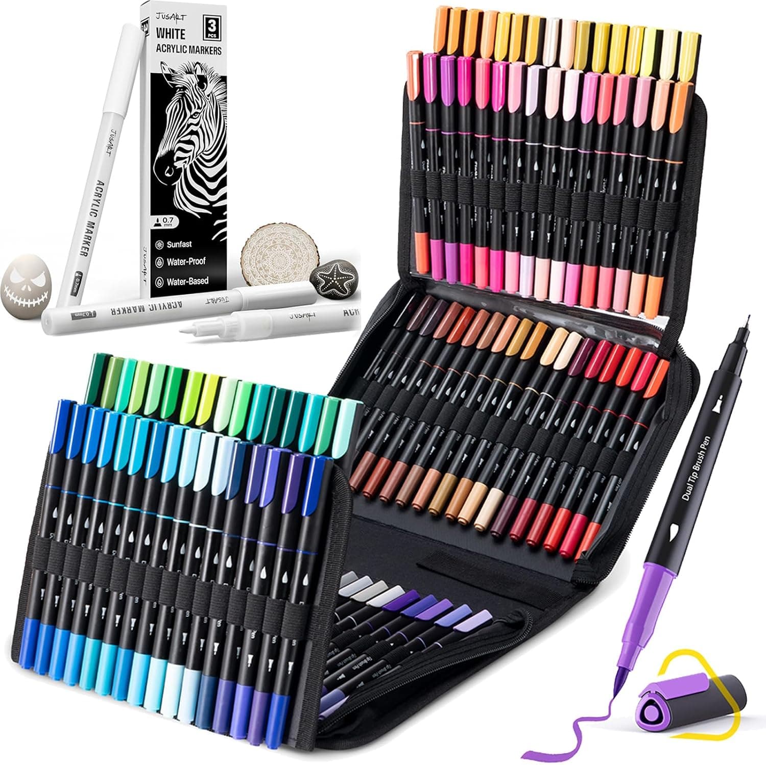 JusArt 3 Pack White Permanent Markers + Water Based Coloring Markers 100 Colors