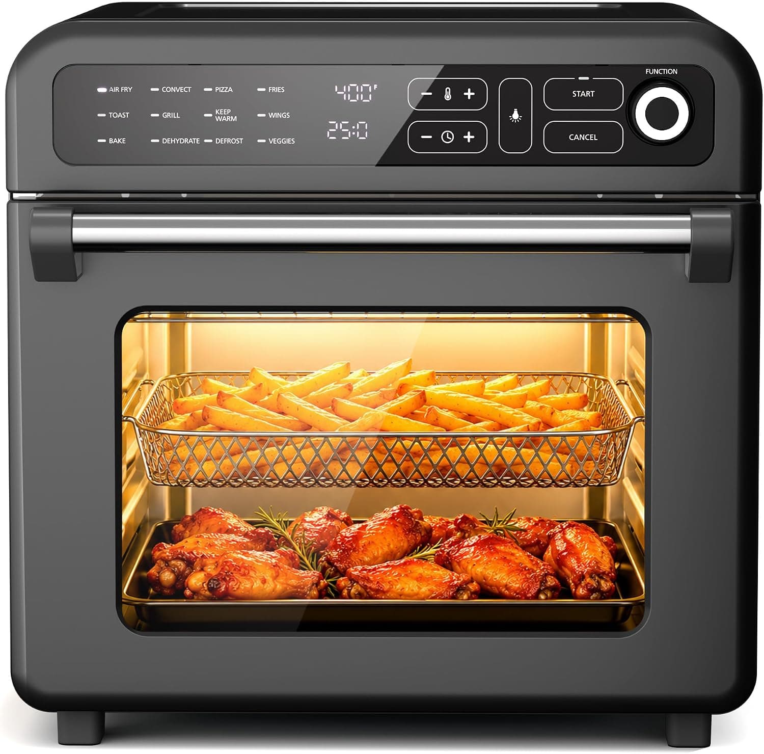 Electactic Air Fryer & Toaster Oven 19 QT, 12-in-1 functions, Air Fry, Broil, Keep Warm, Bake, Defrost, Ouchscreen Controls, Nonstick & 75-450℉, Dishwasher-Safe Accessories, Black