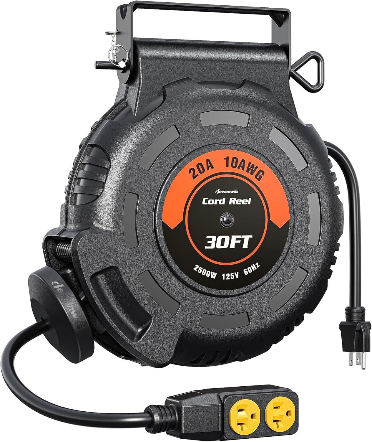 DEWENWILS 20Amp Retractable Extension Cord Reel, 30FT 2500W Heavy Duty Power Cord Reel, 10AWG/3C SJTW Industrial Cable, 4 Grounded Outlets, 180° Swivel Bracket for Garage Workshop Construction Site