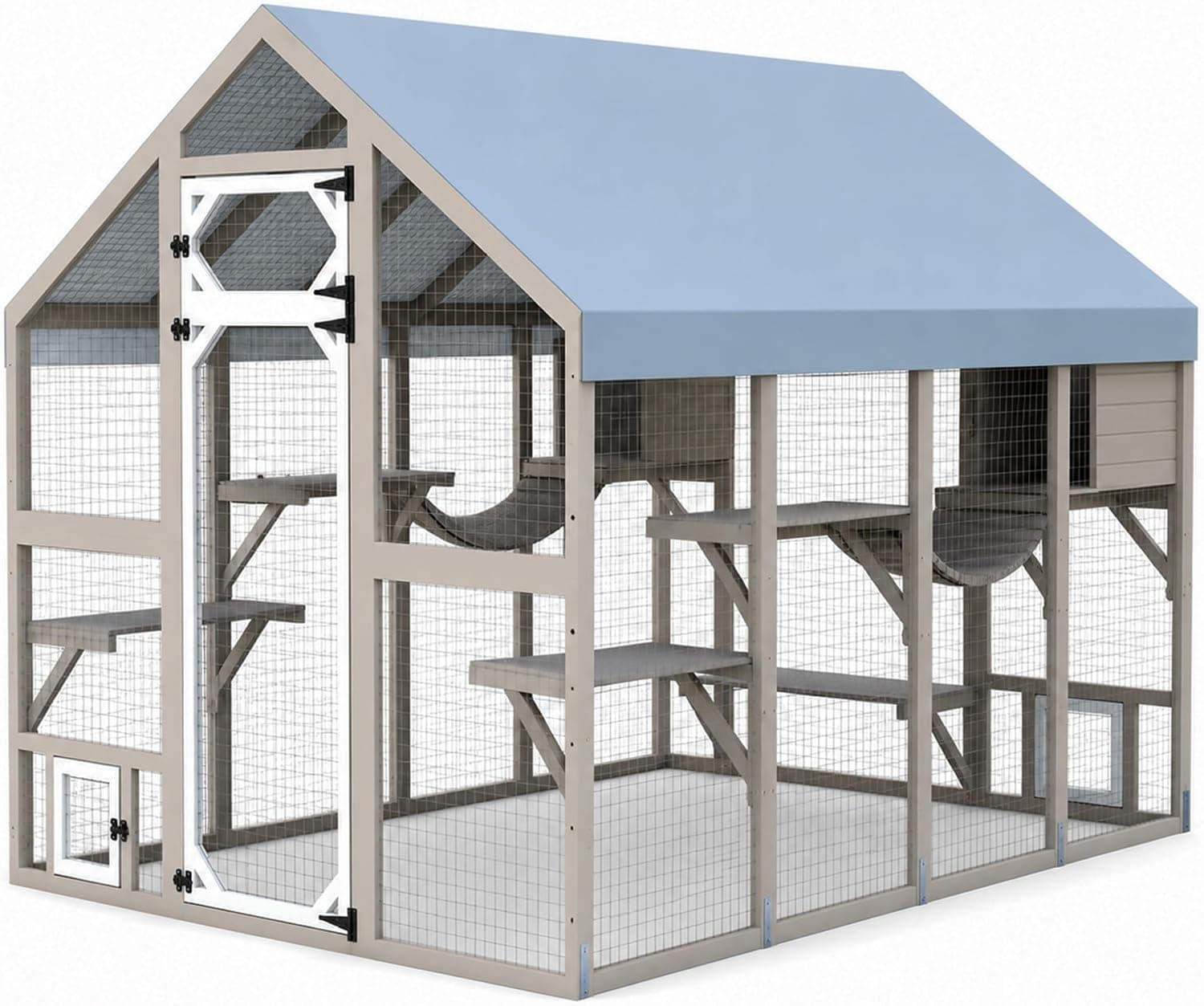 PetsCosset 71" H Large Catio Outdoor Cat Enclosure Window Catios Wooden Walk-in Catio for Multiple Cats with 2 Resting Houses, 6 Platforms, Waterproof Roof,Cat Patio for Backyard, Deck, Porch