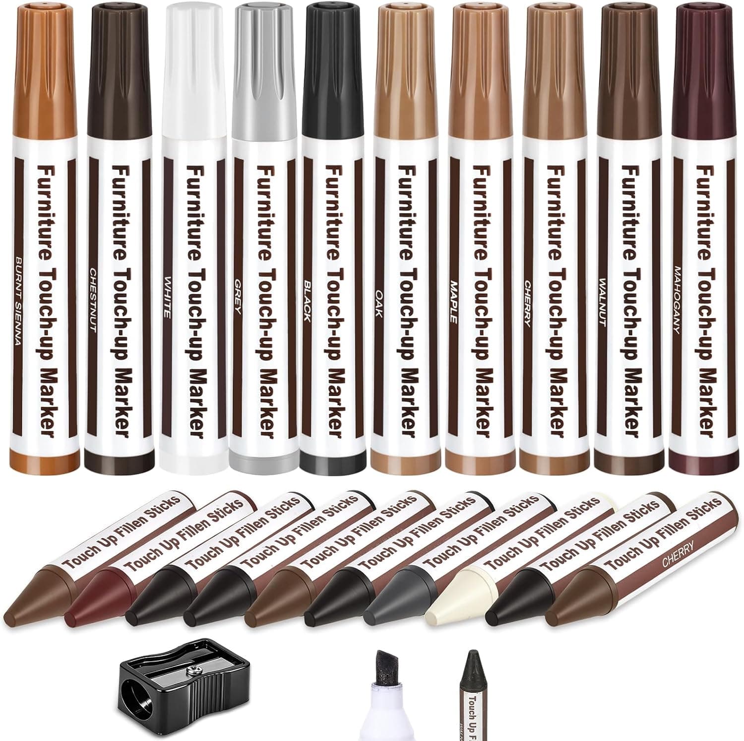 Thboxes Furniture Repair Kit Wood Markers, 21 Pcs Marker Set and Wax Sticks with Sharpener, 10 Colors Furniture Markers Touch Up for Scratches Stains Holes Bedposts Floors Tables Cabinets Desks