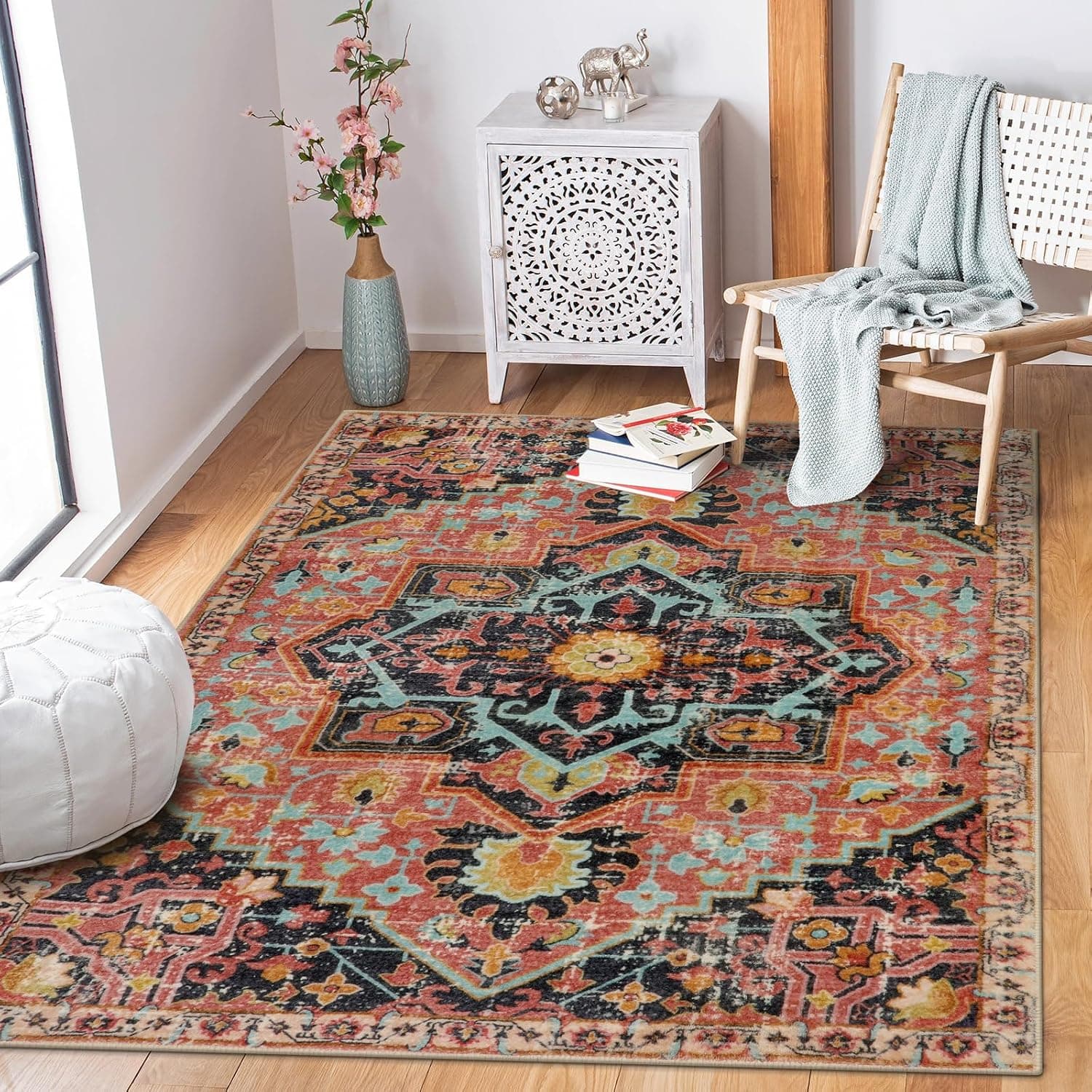 Wonnitar Boho Bathroom Area Rugs 3x5, Washable Soft Rug for Bedroom, Distressed Vintage Hot Pink Nursery Mat, Bohemain Low Pile Non-Shedding Floor Carpet for Dorm Apartment Entry (Fuchsia,3'x5')