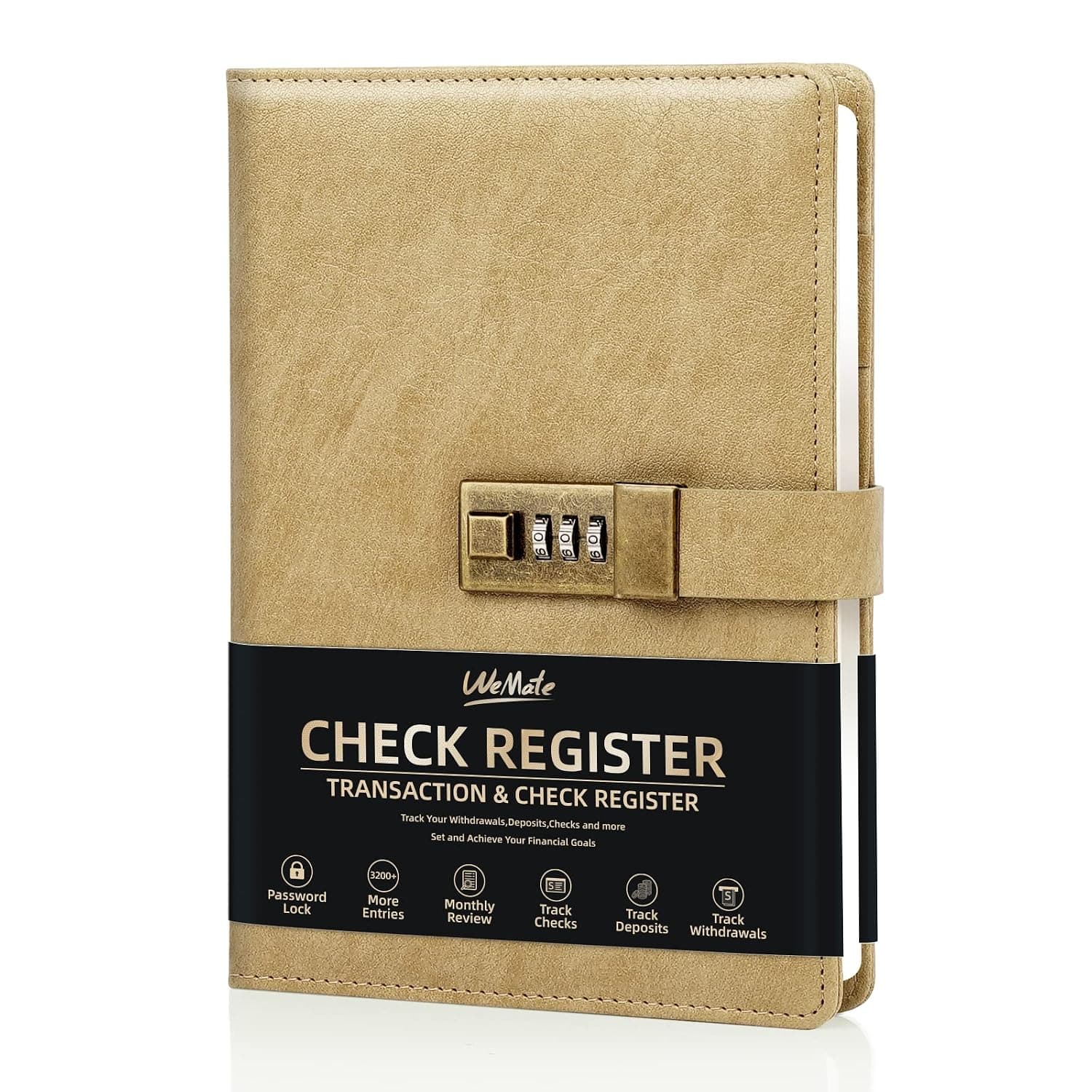 WEMATE Hardcover Check Registers, Personal Checkbook Register or Small Business, Checking Register Book with Password Lock-Gold