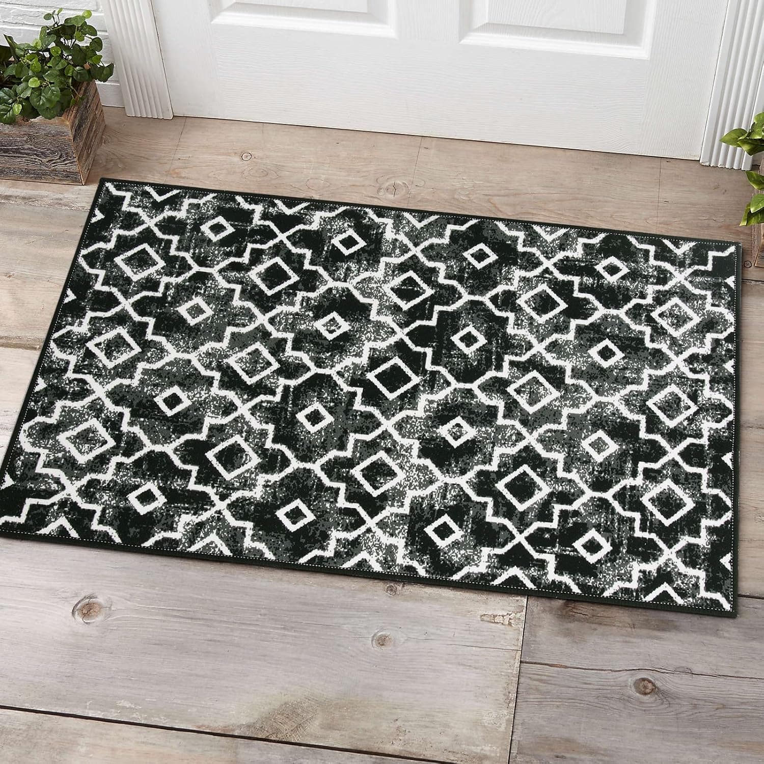 Wonnitar Moroccan Indoor Door Mat - 2'x3' Non-Slip Machine Washable Entrance Doormat Low-Profile Front Door Rug Dirt Trapper Welcome Carpet for Entry Kitchen Doorway (Black,2'x3')
