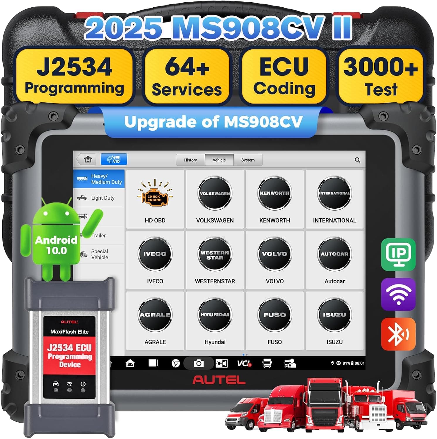Autel MaxiSys MS908CV II 2026: Upgrade of MS908CV Heavy Duty Truck Diagnostic Scanner, Diesel Scan Tool w/ J2534 Pass-Through, 3000+ Test, 64+ Service Same as MS909CV, Auto Scan 2.0 10 OS