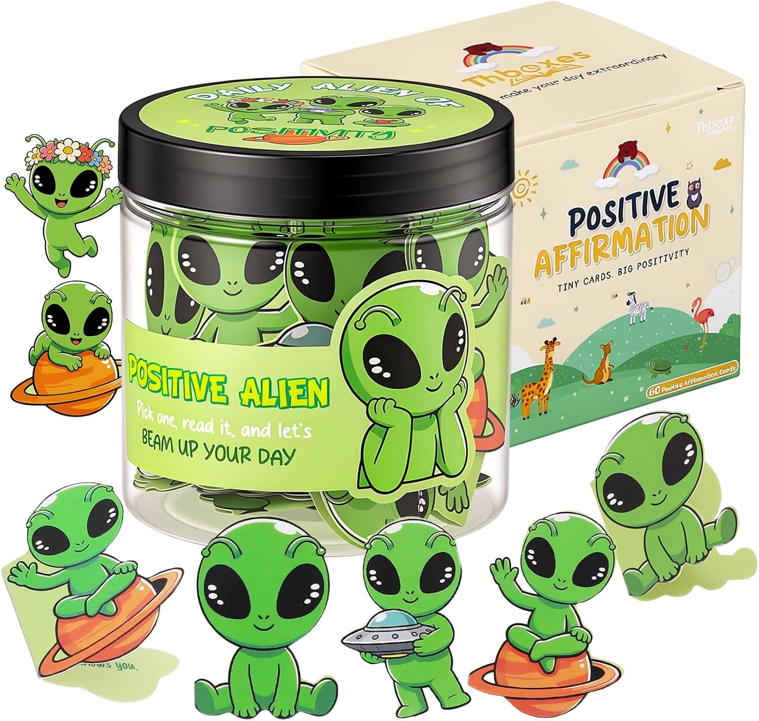 Thboxes Positive Alien Jar, 60 Affirmation Cards Gift for Women, Men, Dad | 60 Positive Affirmation Cards, Encouragement Work Desk Decor, Fun White Elephant Thank You Birthday Gifts for Mom Teacher