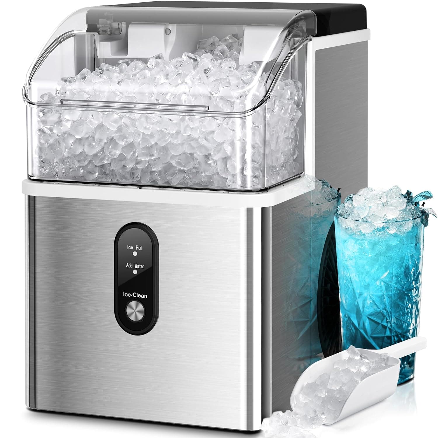 Kismile Nugget Ice Makers Countertop,33Lbs/24H,Portable Countertop Machine with Chewable Ice,Self-Cleaning,One-Click Operation for Home/Office(Steel)