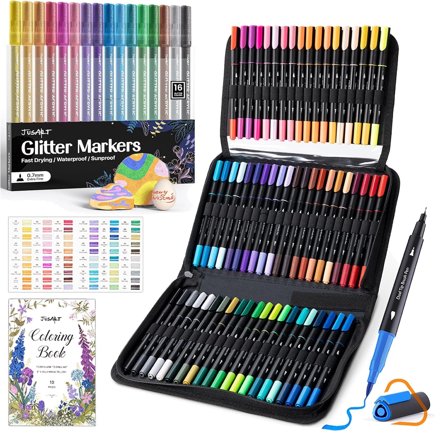 JusArt 16 Colors Glitter Markers + Water Based Coloring Markers 60 Colors