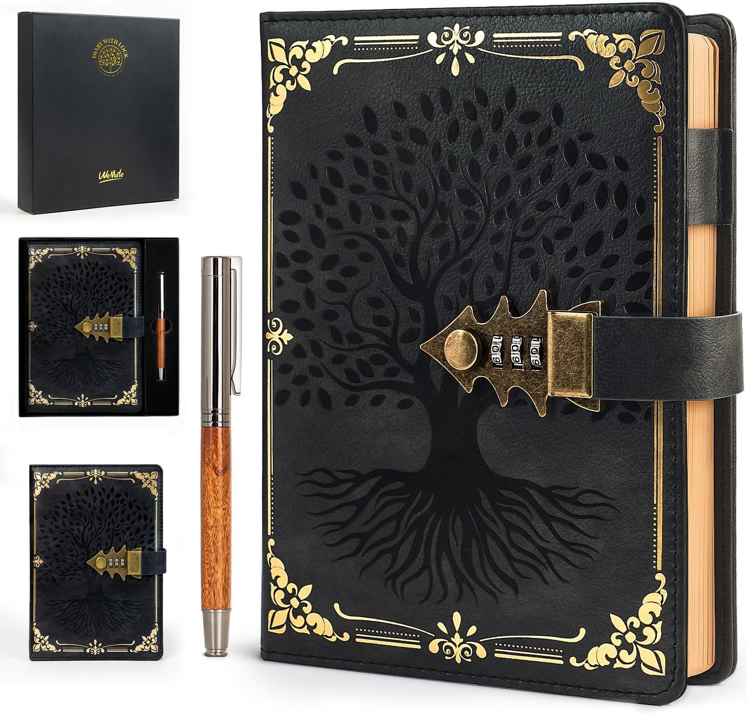 WEMATE Locked Journal with Pen & Gift Box, A5 260 Pages, Refillable, Hardcover Leather Password Notebook for Writing,Vintage Locking Diary for Women, Girls, Men, Students, 8.6 x 5.8 in, Black