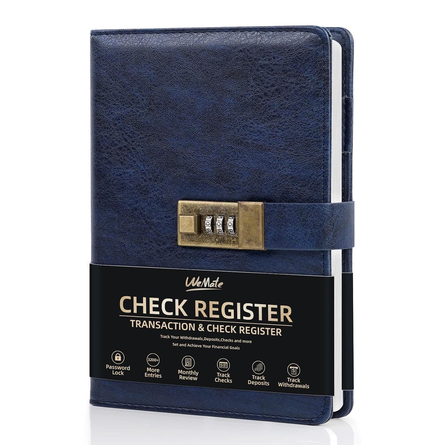WEMATE Hardcover Check Registers, Personal Checkbook Register or Small Business, Checking Register Book with Password Lock-Dark Blue