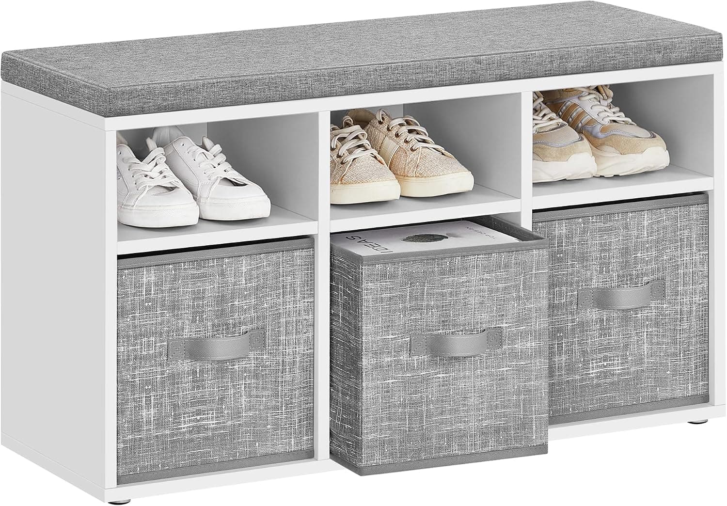 VASAGLE CUSTOS Collection - Shoe Bench with Cushion, Shoe Storage Bench with 6 Compartments and 3 Adjustable Shelves, Entryway Bench with 3 Storage Boxes, for Bedroom, Closet, Cloud White ULSB101W14