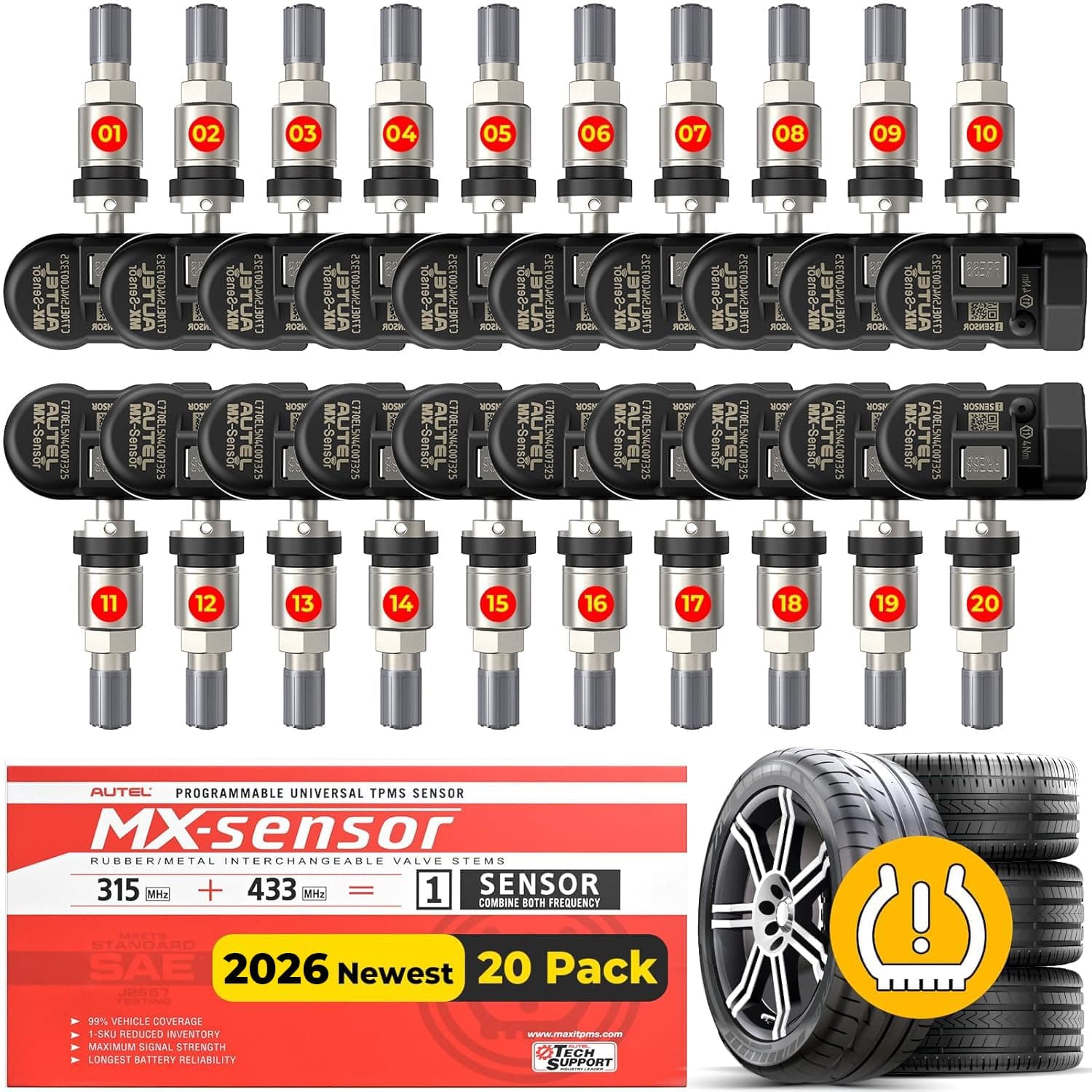 Autel MaxiTPMS MX Sensors 20 PCS: 2026 20 Pack Metal Stem 315/433MHz TPMS Sensors, Universal Tire Sensor Programmed by TPMS Tool TS408S TS508WF Kit MS906 Pro-TS MK808TS MS906TS MP900TS MK900TS