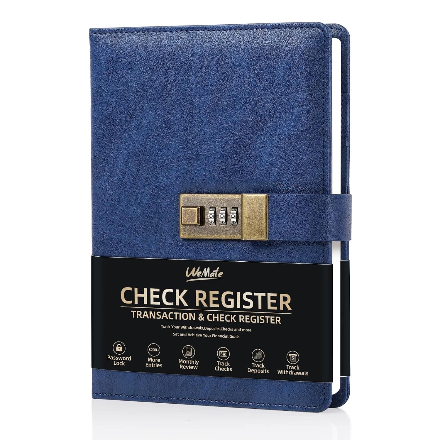 WEMATE Hardcover Check Registers, Personal Checkbook Register or Small Business, Checking Register Book with Password Lock-Blue