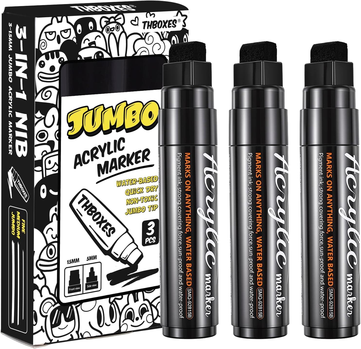 Thboxes 3 Pack Black Jumbo Poster Marker, 15mm Wide Tip Thick Acrylic Paint Markers for Rock Painting, Posters Board, Fabric, Canvas, Glass, Wood, Ceramic, Stone