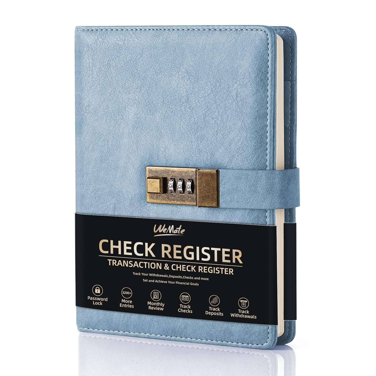 WEMATE Hardcover Check Registers, Personal Checkbook Register or Small Business, Checking Register Book with Password Lock-Light Blue