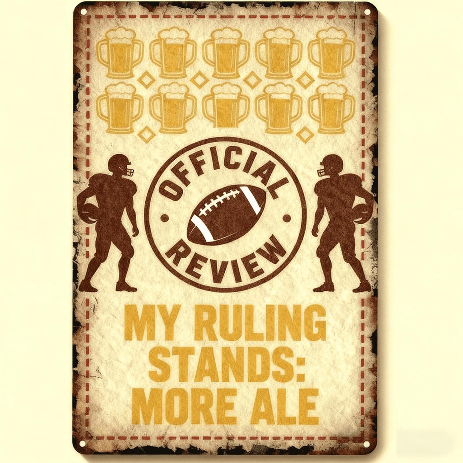 Vintage Football Metal Sign, Retro Sports Bar Wall Decor with Funny Saying More Ale Drink for Man Cave, Office, 8x12 Inch Aluminum Tin Sign