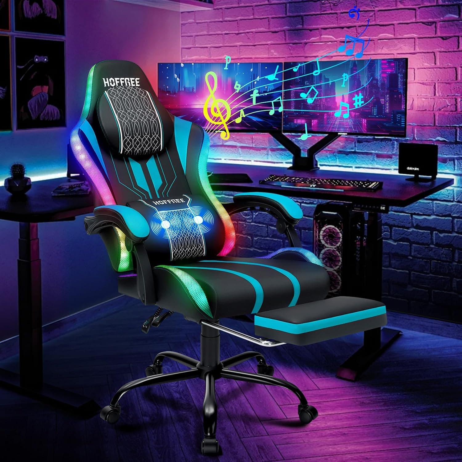 HOFFREE LED Gaming Chair with Speakers Massage Big and Tall Computer Chair with RGB Lights Bluetooth Game Chair with Footrest High Back Gaming Chairs for Adults 400lbs Blue and Black