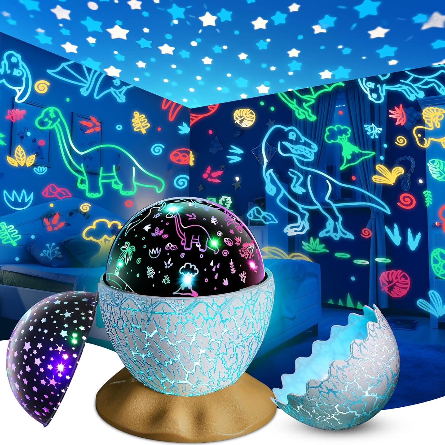 Dinosaur Egg Night Light for Kids, Sensory Toys for Kids Ages 3-5 6 7 8 9 10, Dinosaur Toys Night Light Projector, Birthday Gifts for 3-12 Year Old Boys Girls, 2-in-1 Dino & Star Lamp