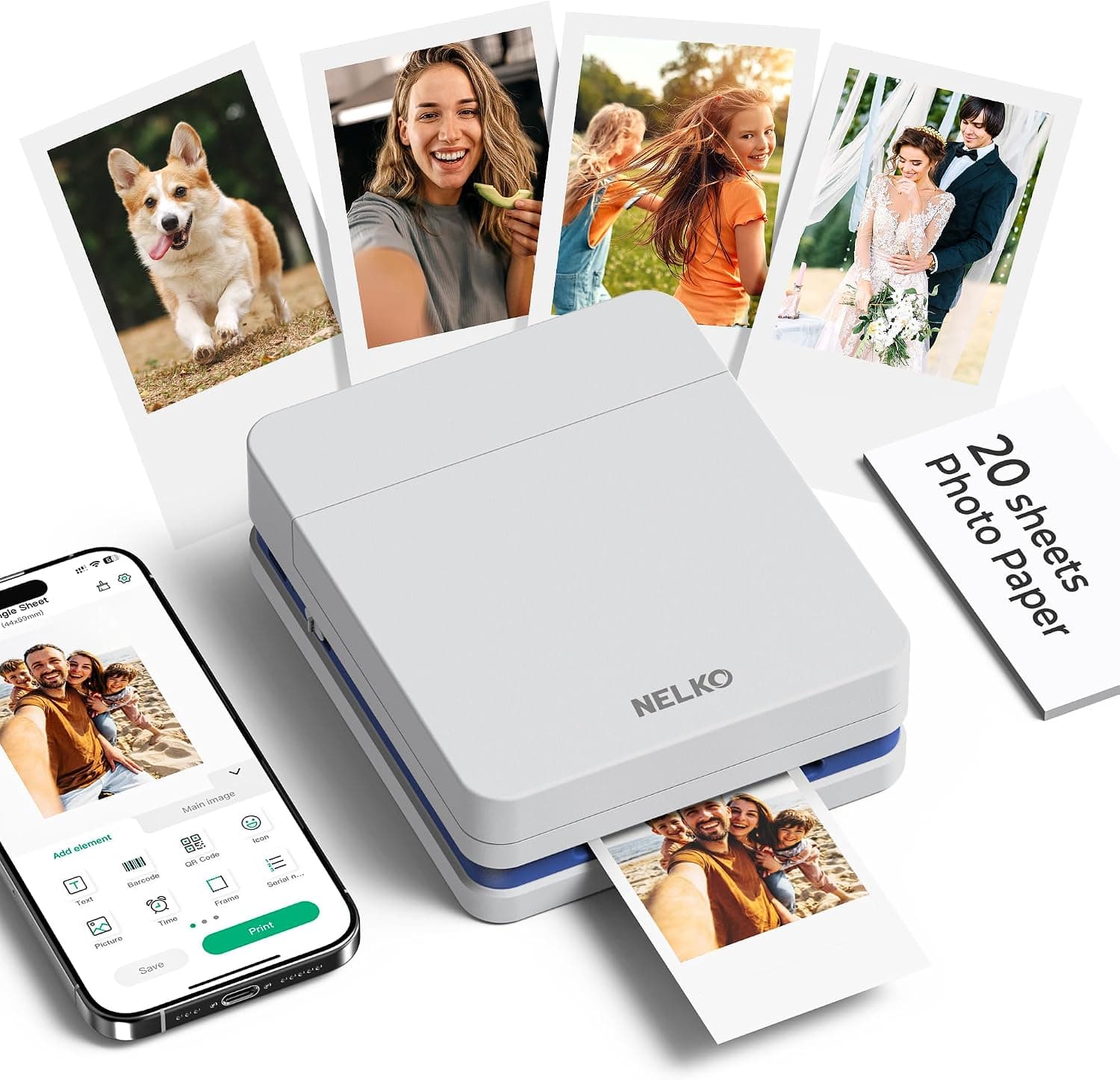 Nelko PP01 Instant Smartphone Photo Printer, Portable Mini Color Wireless Mobile Printer, Sticky-Back Photos, Bluetooth Compatible with iOS & Android Devices, Fun Editing App, Beige