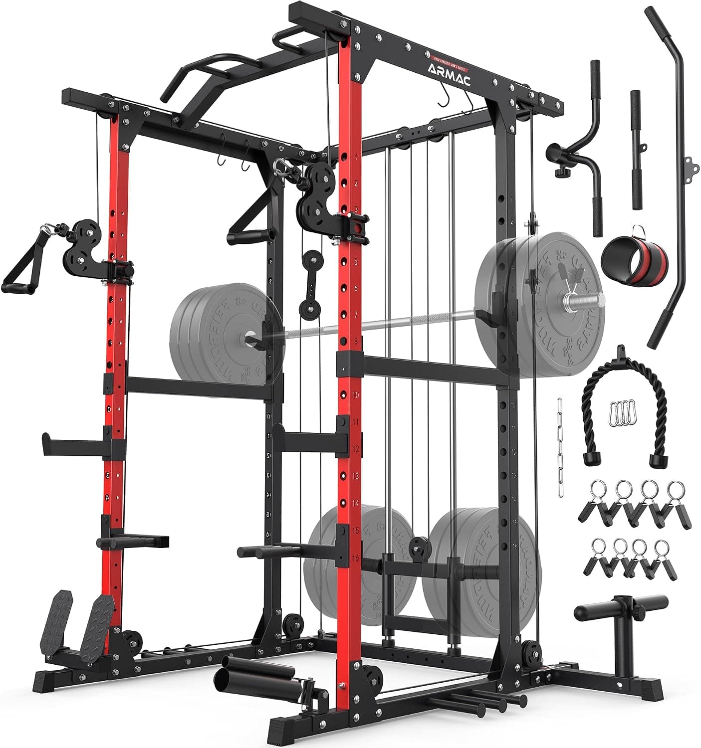 SPORTSROYALS Power Rack, Multi-Functional Power Cage, Squat Rack with Pulley System & LAT Pull Down, Workout Cage with J Hooks for Home Gym