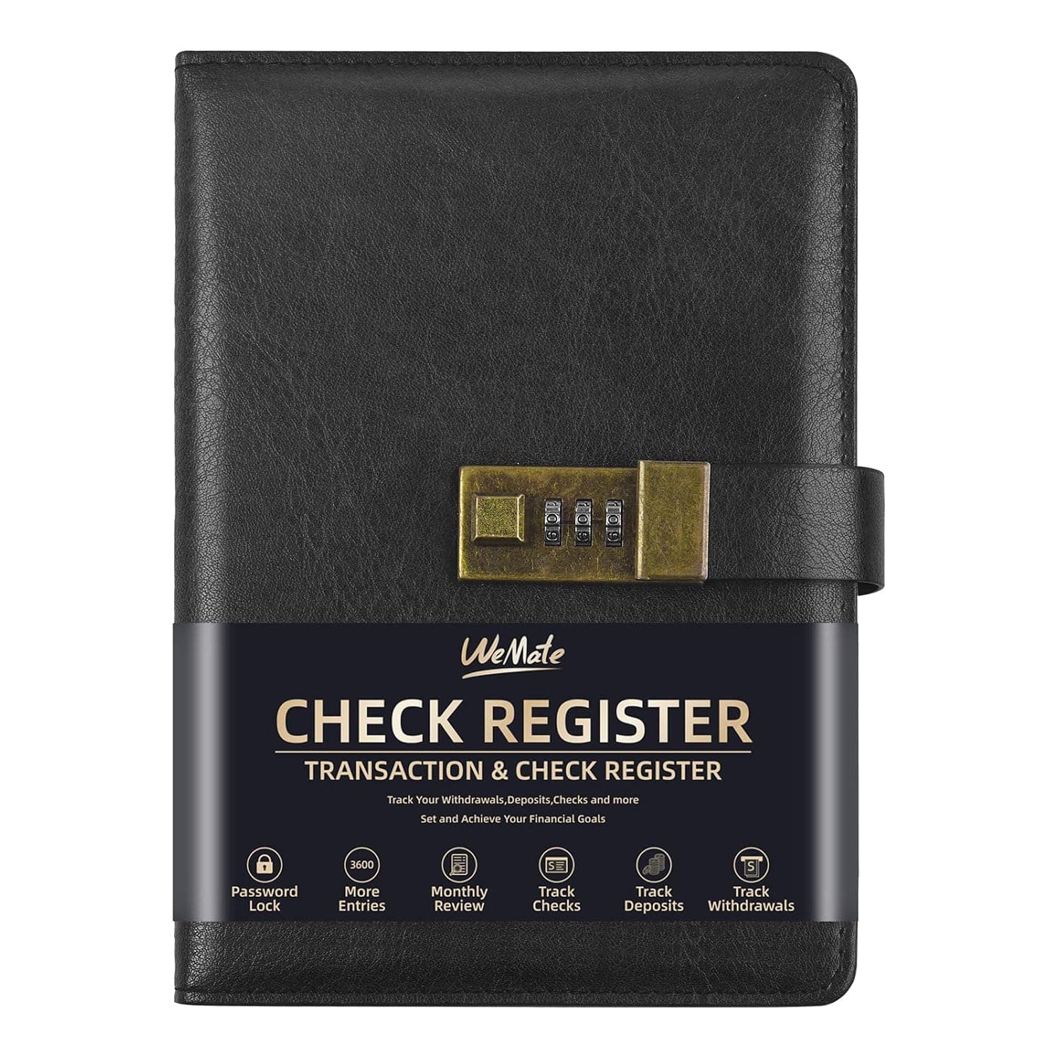WEMATE Check Registers with Lock, A5 PU Leather Checkbook with 3660 Entries, Vintage Lock Ledger Transaction Registers Protected Imformation. Track Financial Status for Personal & Business - Black