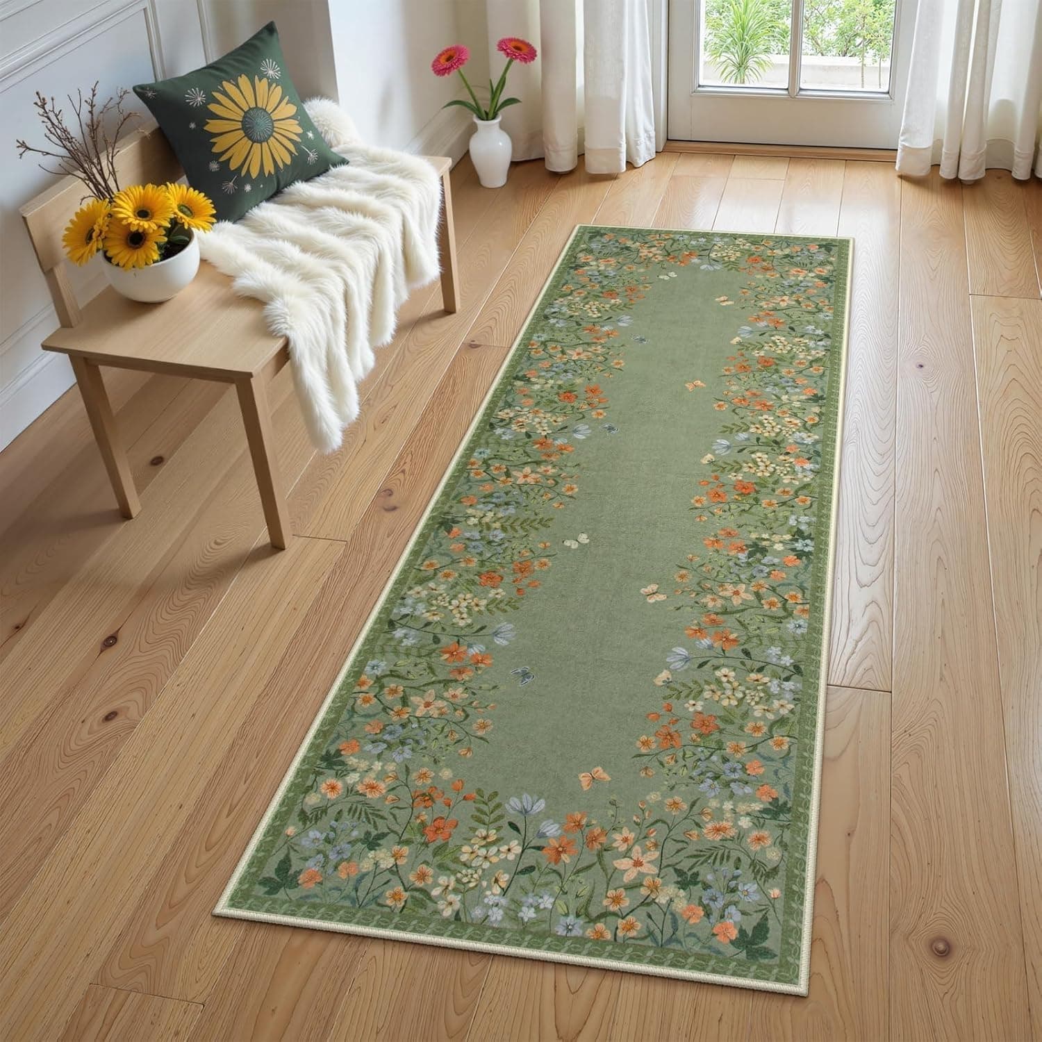 Wonnitar 2x6 Green Floral Runner Rug