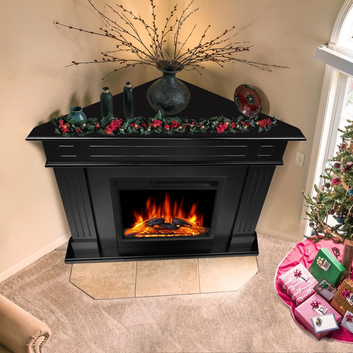 43" Corner Electric Fireplace Mantel, Electric Fireplace Freestanding with Wooden Surrond Firebox, Adjustable Changeable Flame, Variable Flame Brightness, 750W/1500W