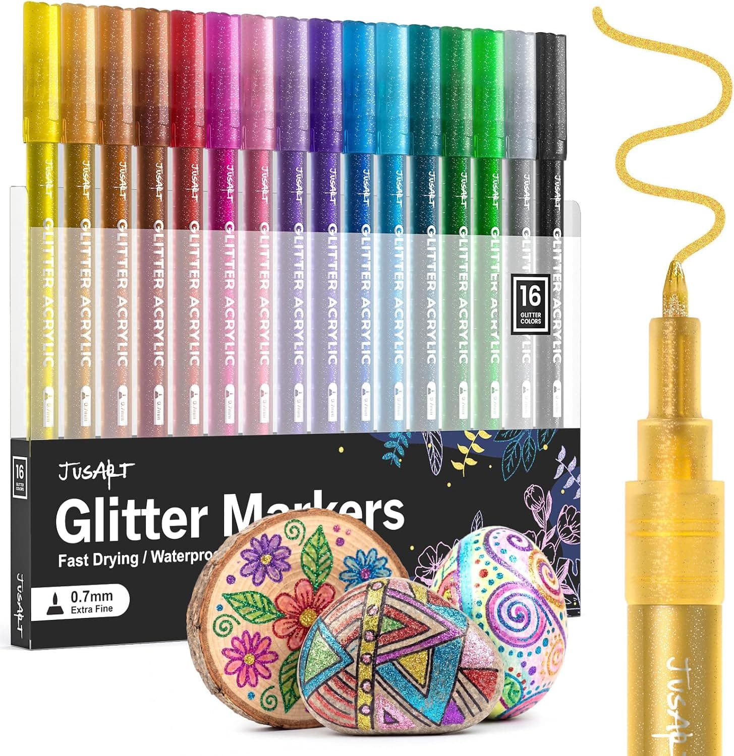 JusArt 16 Colors Paint Pens for Glass Marking, Glitter Paint Pens for Rock Painting, Ceramic, Wood, Fabric, Sparkly Shiny Markers for DIY Crafts, Scrapbooking, Card Making Supplies 0.7mm Fine Tip