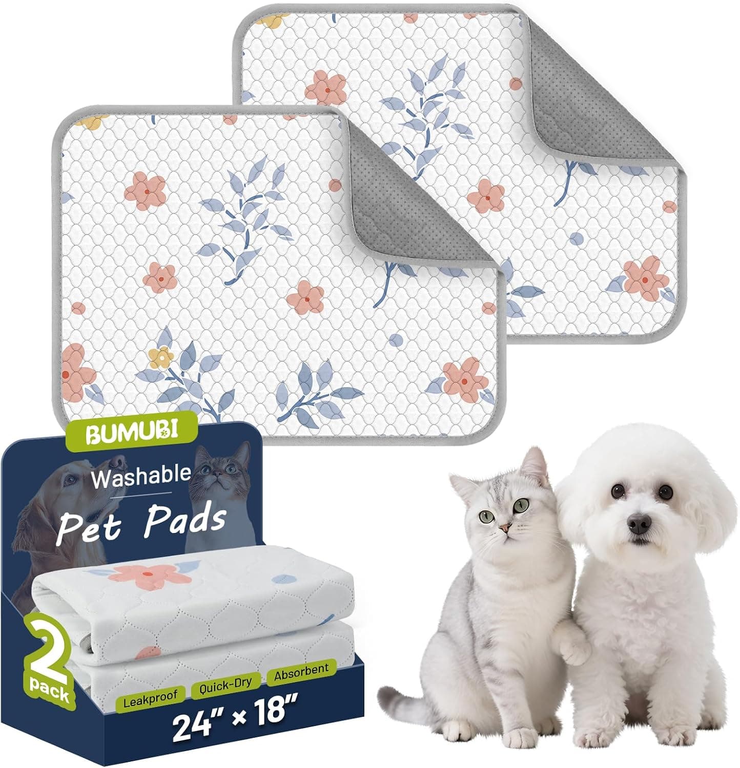 Washable Dog Pee Pads - Absorbent Reusable Puppy Training Pads, Waterproof Leak - Proof & Non - Slip for Crate Whelping Potty Training 24x18 (Pack of 2)