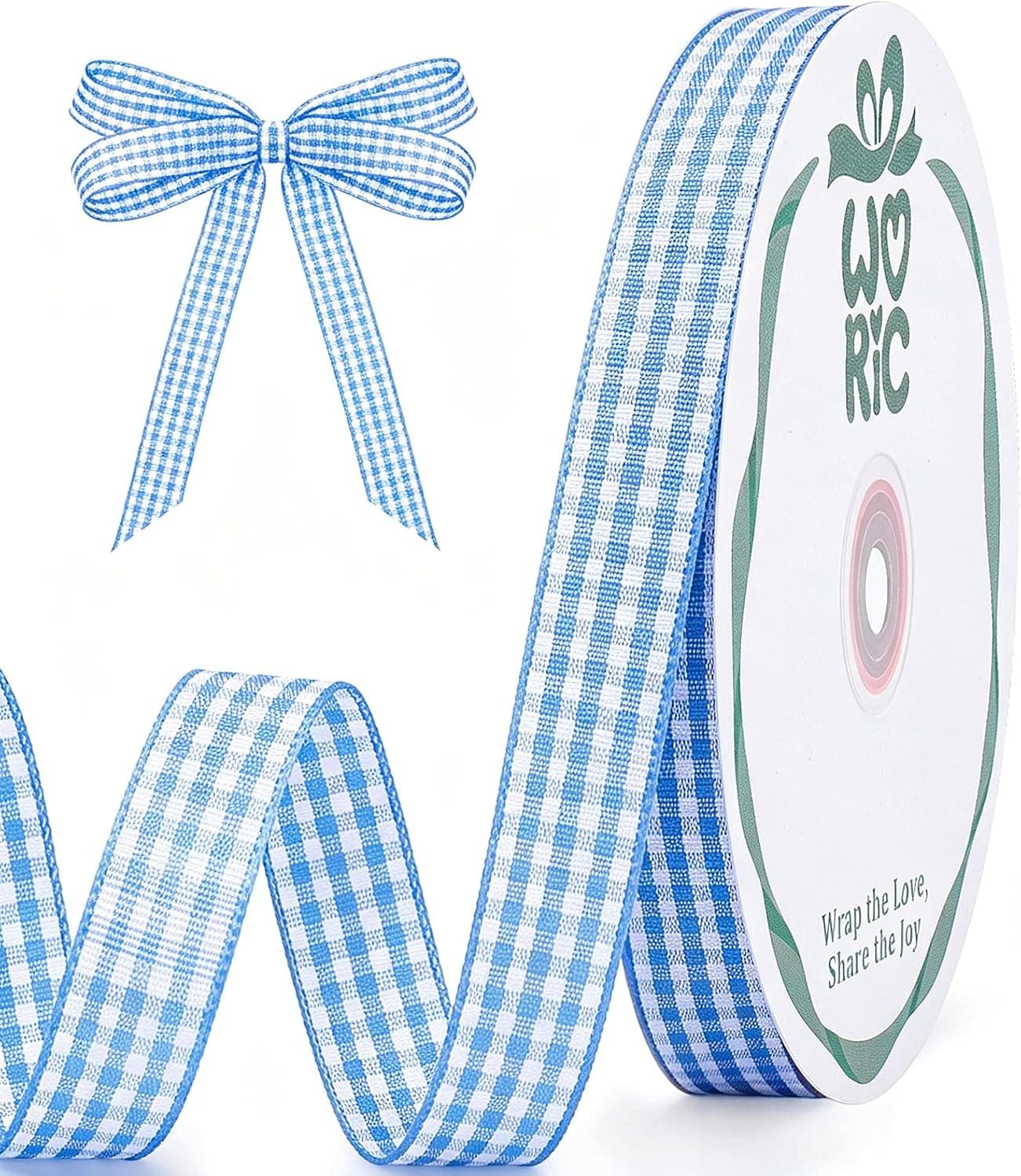 Woric Blue Gingham Ribbon 5/8 Inch x 30 Yards Light Baby Blue Plaid Checkered Ribbon for Picnic Party Decor Costume Women DIY Crafts Wedding Home