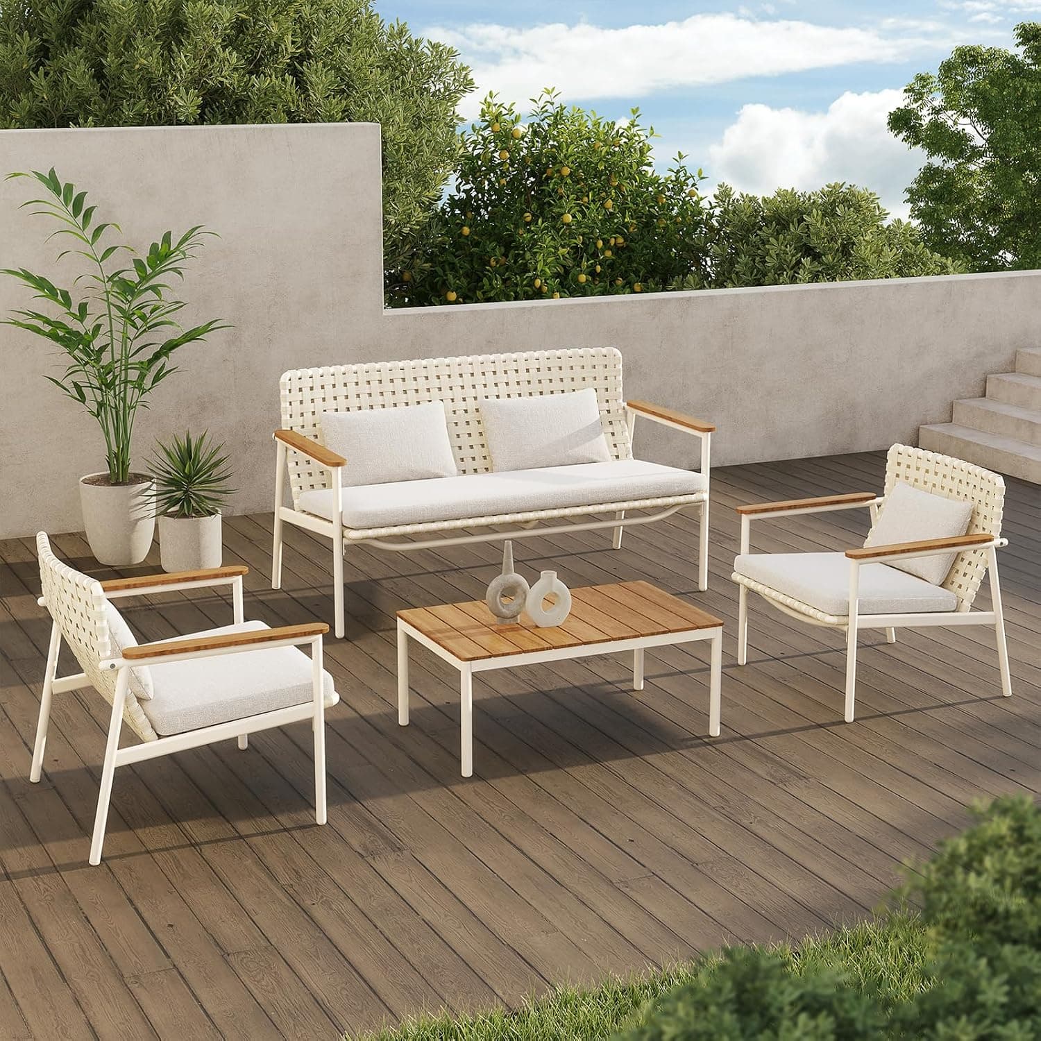Grand patio 4-Piece Patio Conversation Set, Outdoor Wicker Sofa Set with Waterproof Cushions All-Weather Wicker Furniture Sectional Sofa for Garden, Poolside, or Backyard Relaxation-Grey