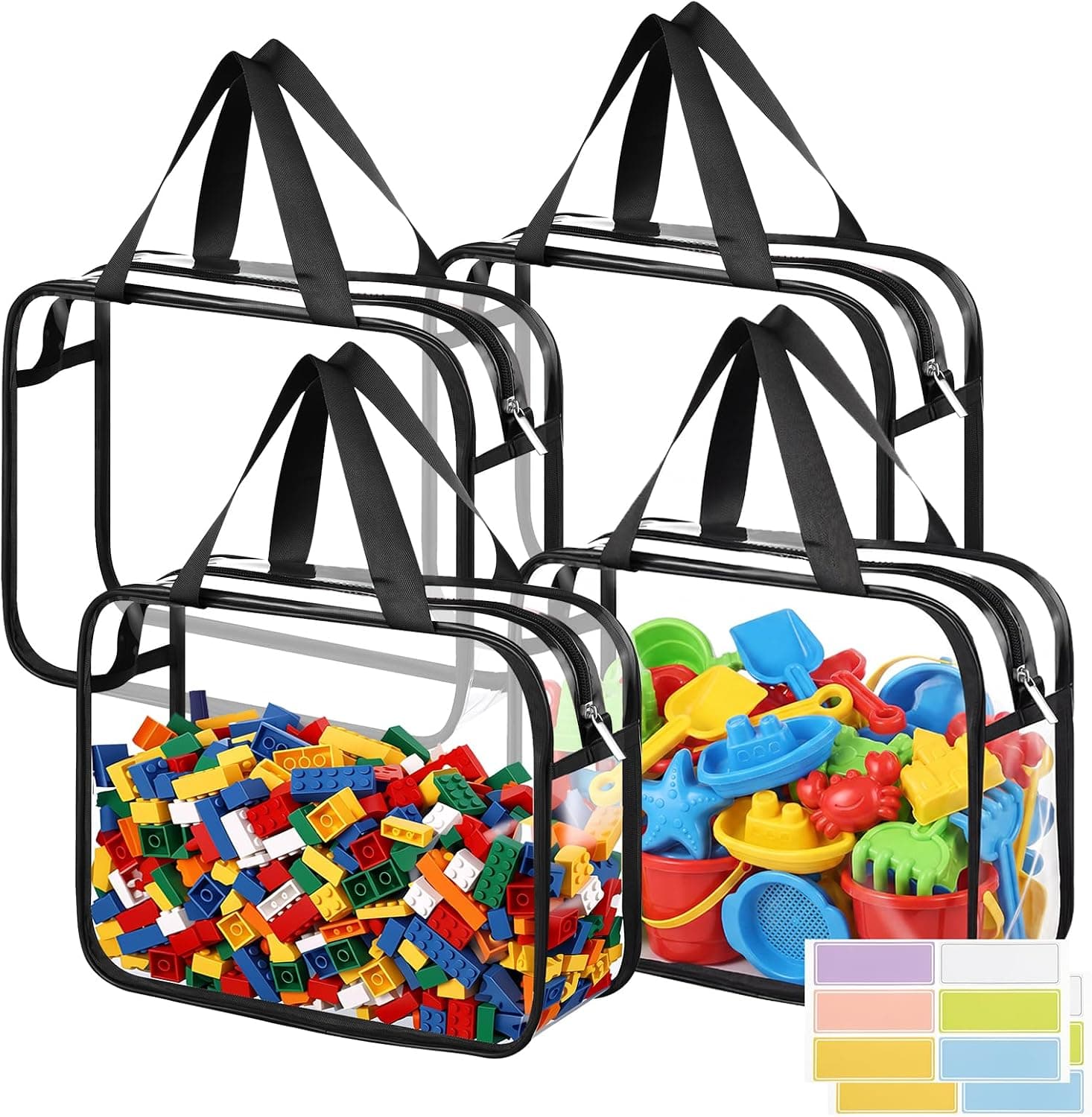 Dntorx Toy Storage Bags, Organization and Storage, 4 Pack Clear PVC Storage Organizers - Large Waterproof Zipper Bags with Handles for Kids Books, Puzzles, Blocks, Travel and Classroom
