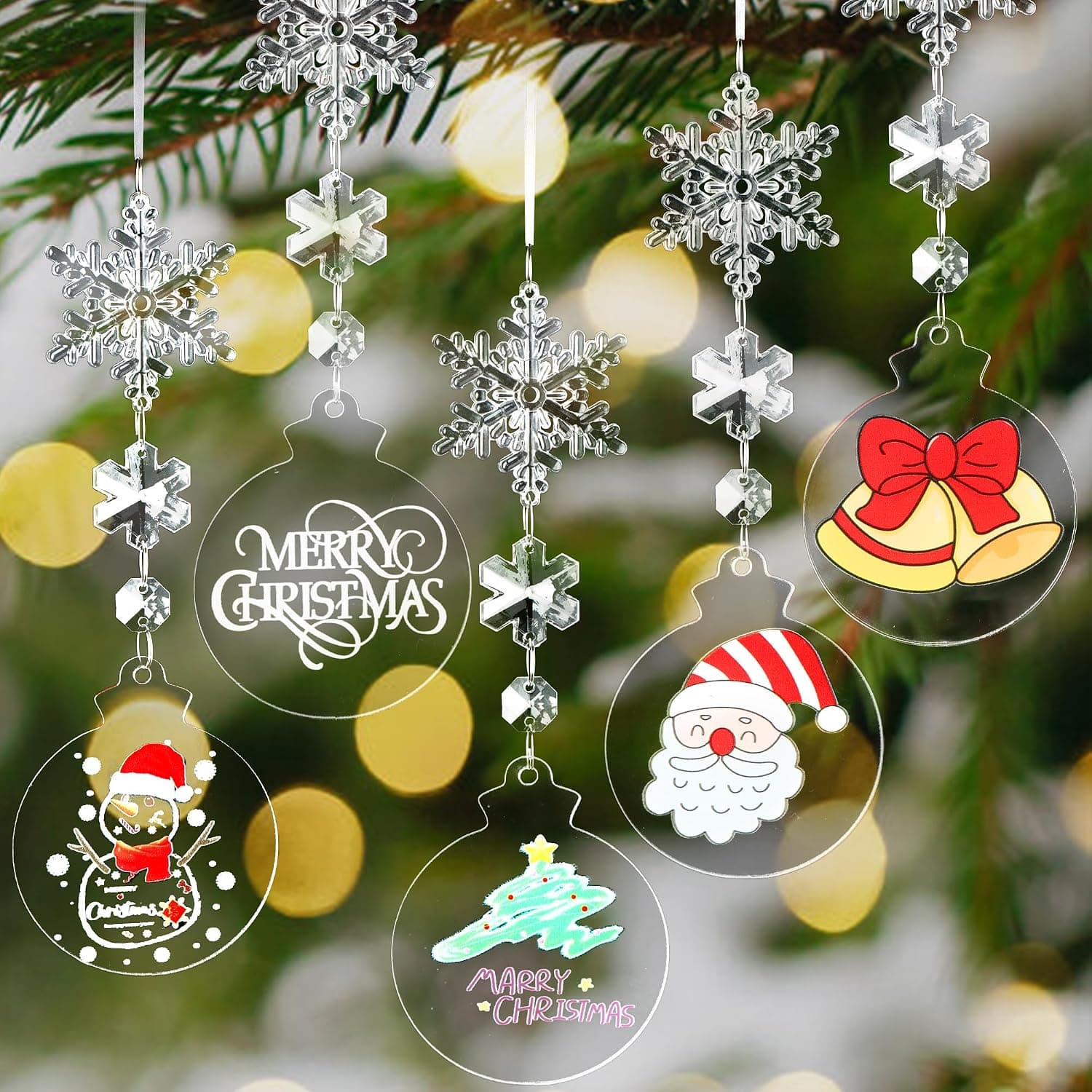 5pcs Christmas Ornaments Set - Acrylic Hanging Decor with Merry Christmas Text, Santa & Gift Designs for Xmas Tree, Home Party Decorations