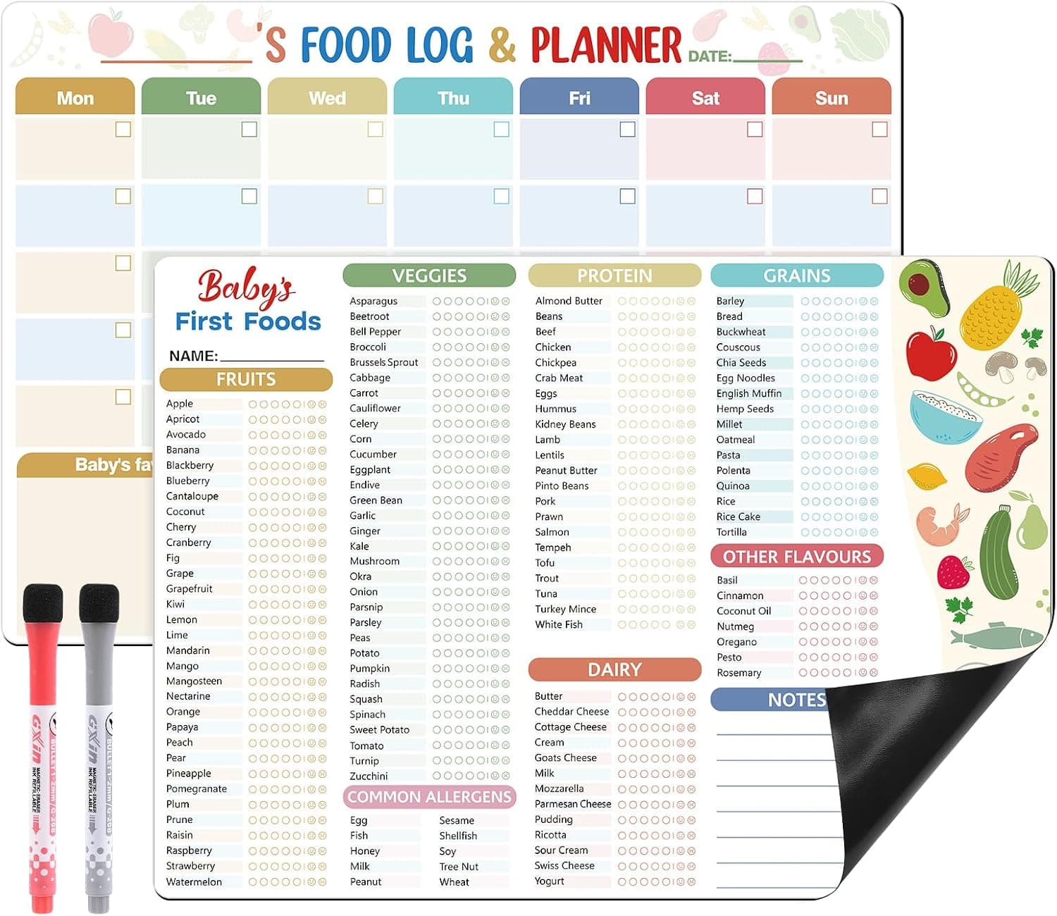 2 Pack Baby First Foods Tracker Fridge Magnet, 14x10"Baby Food Chart with 2 Dry Erase Markers, Magnetic Baby's Food Checklist & Daily Meal Planner, Baby’s First 100 Foods Tracker Magnet for Fridge