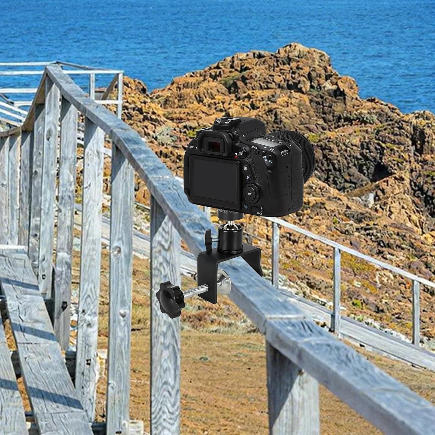 Crossbar Clamp Mount for Camera, Solar Panel, Light, Monitor –Fits Bars & Rails Up to 2.4 inch / 6 cm with 360° Adjustable Ball Head with 1/4" Screw