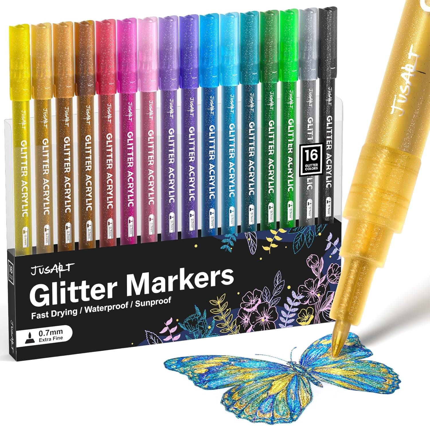 JusArt 16 Colors Glitter Markers, Glitter Paint Pens, Acrylic Paint Markers Shiny Shimmer Pens for Kids Adults DIY Crafts, Card Making, Drawing, Scrapbooking, Glass, Wood, Stone, Fabric, Rock