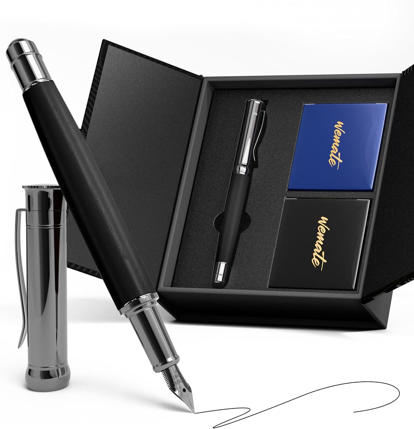 WEMATE Fountain Pen Set, Fine Nib with 20PCS 2.6MM Ink Cartridges(10 Black&10 Blue),1 Ink Converter, Nice Luxury pen for Men, Women, Cool Wooden Fountain Pen for Writing, Journaling, Calligraphy