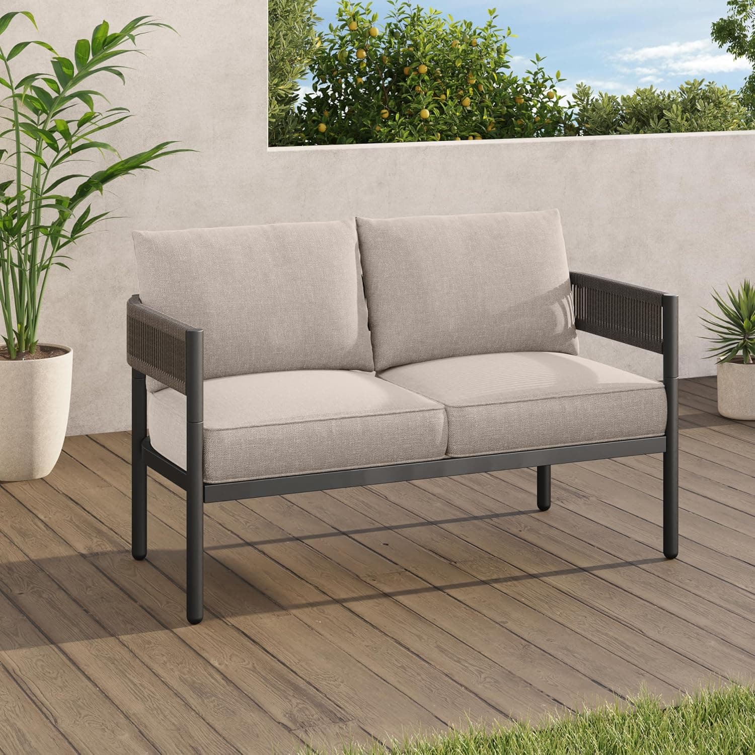 Gand Patio Outdoor Loveseat,Wicker Conversation Set with Thick Cushion for Porch, Garden, Yard