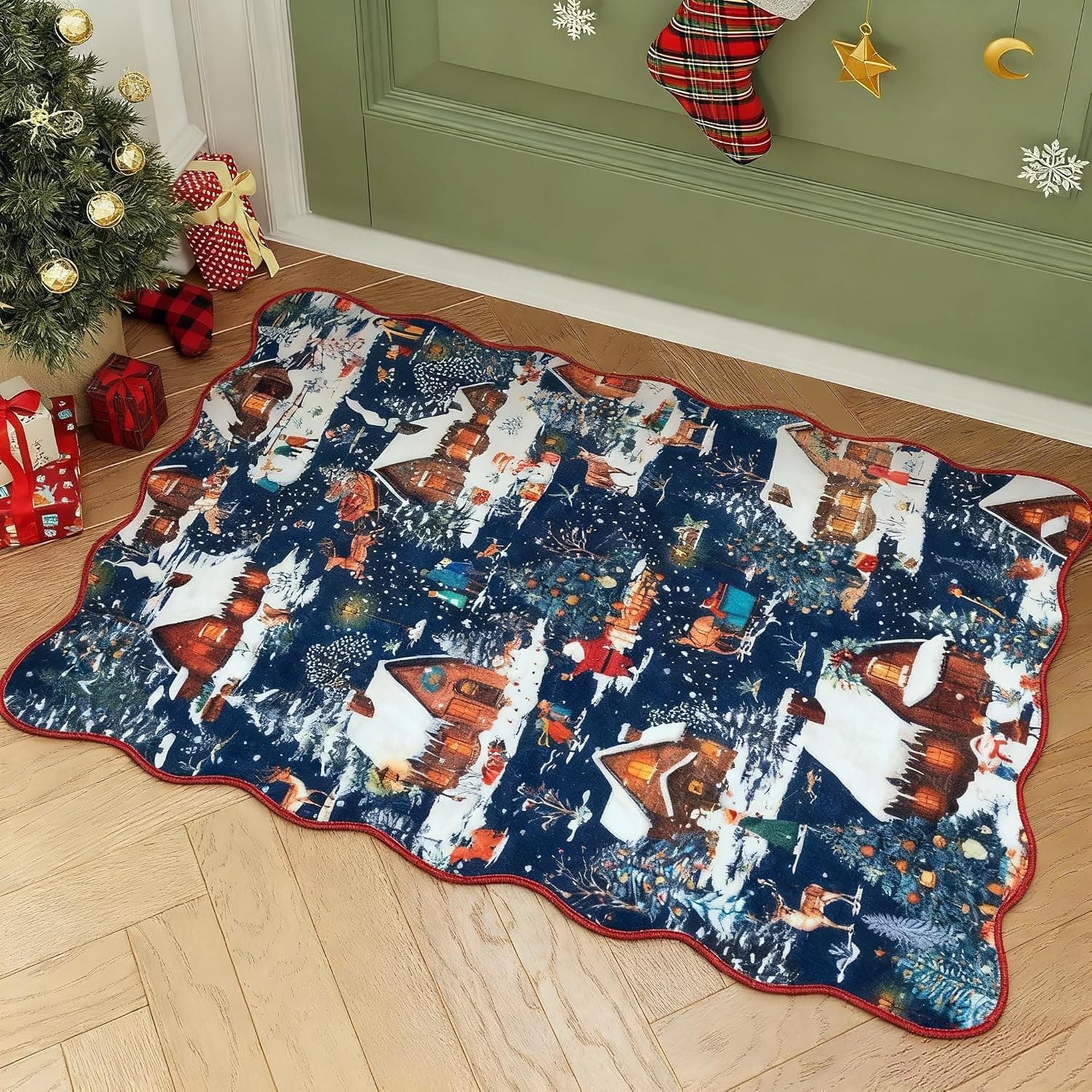 Wonnitar Christmas 2x3 Entryway Rug, Non Slip Washable Small Kitchen Rug, Low Pile Soft Christmas Village Door Mat Indoor Entrance, Xmas Throw Rug for Bathroom Bedside Holiday Decor (Blue,2'x3')