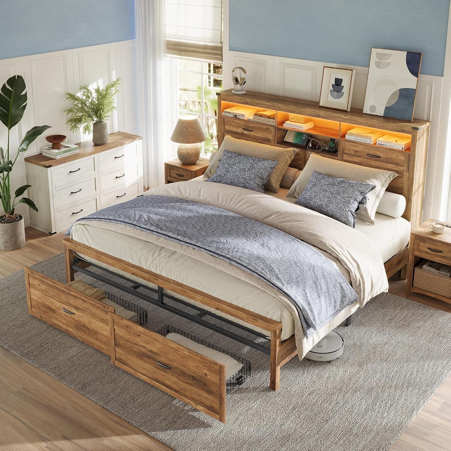 VASAGLE King Bed Frame with 51.3-Inch Tall Storage Headboard, Farmhouse King Size Bed with 4 Drawers, LED Lights, Charging Station, Noise-Free, No Box Spring Needed, Honey Brown URMB424K01SV1