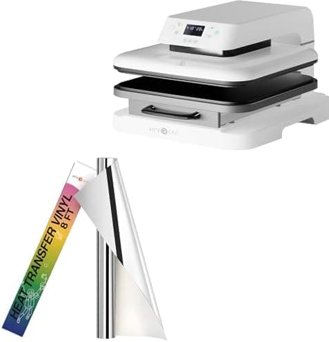 HTVRONT Auto Heat Press Machine for T Shirts - 15x15 Smart T Shirt Press Machine with Auto Release & Metallic Silver Heat Transfer Vinyl - 12in x 8ft Iron on Vinyl, Easy to Weed & Transfer