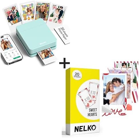 Nelko Photo Printer, PP01 Color Mini Photo Printer, Instant Smartphone Inkjet Sticker Printer for iOS & Android, Sticky-Back Photos, Picture Printer with 20 Sheets Sweet Hearts Photo Paper, Green